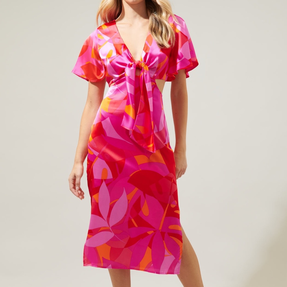 SUGARLIPS ✨NEW✨ Sangria Abstract Joelle Front Tie Midi Dress - Medium - NWT